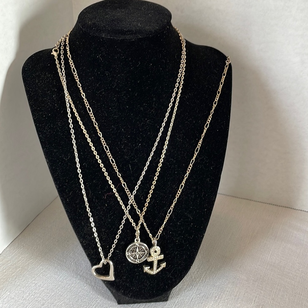3 silvertoned necklaces w various charms, heart, compass, anchor w rhinestones